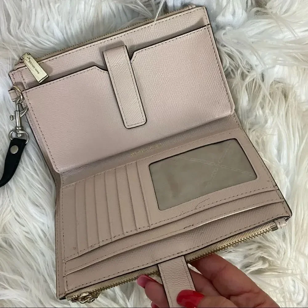 Michael Kors Pink Monogram Double Zip Wristlet Wallet